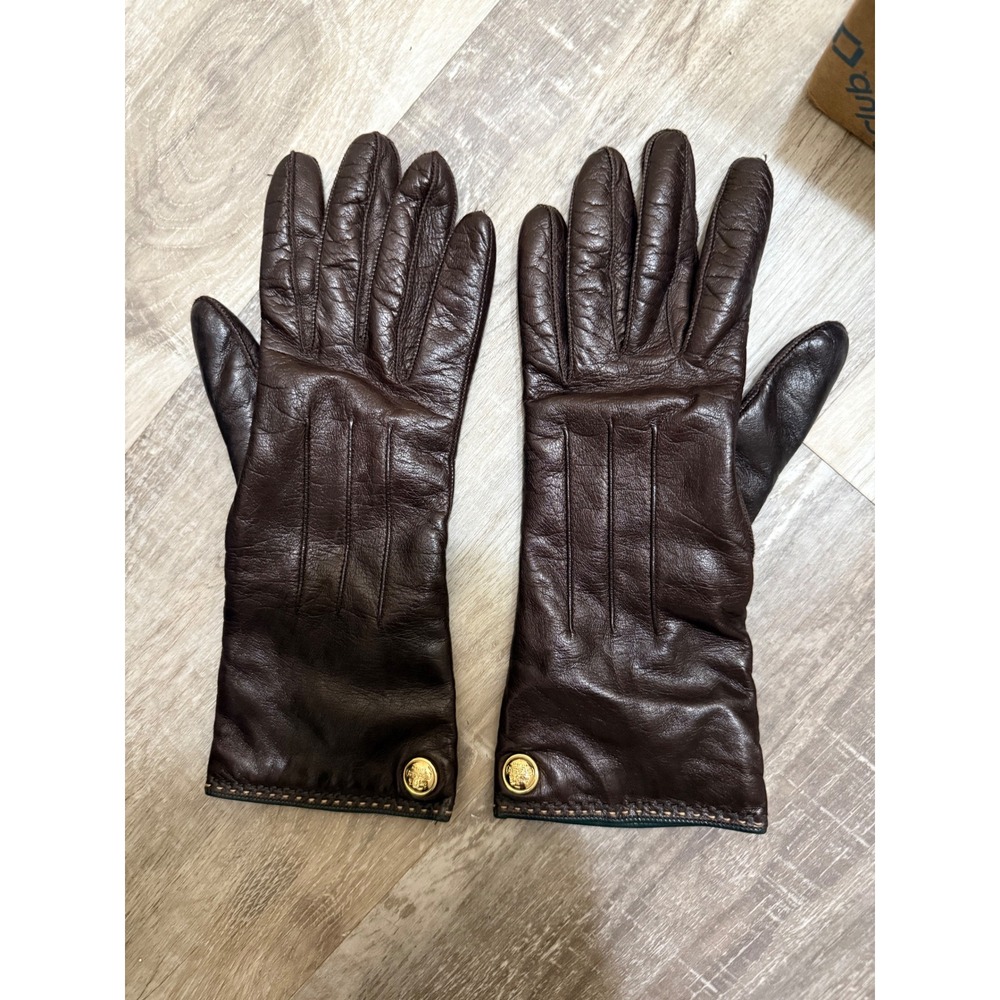 Coach Leatherware Est 1941 Dark Brown Leather Gloves Gold Logo Button Womens